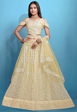 Embroidered Net Lehenga in Yellow