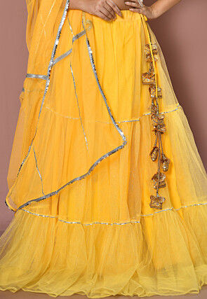Embroidered Net Lehenga in Yellow