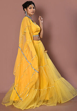 Embroidered Net Lehenga in Yellow