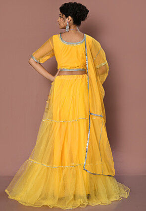 Embroidered Net Lehenga in Yellow