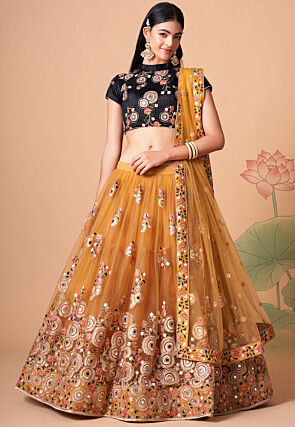 Embroidered Net Lehenga in Yellow