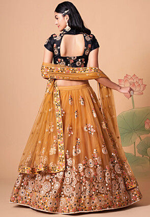 Embroidered Net Lehenga in Yellow
