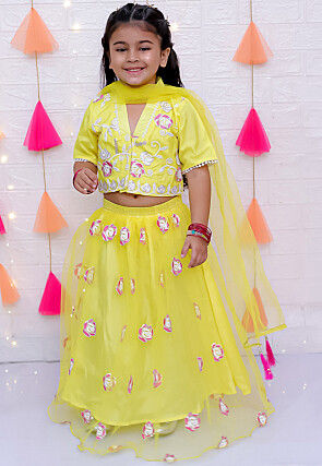 Embroidered Net Lehenga in Yellow