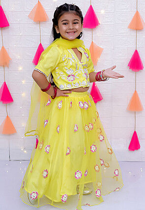 Embroidered Net Lehenga in Yellow
