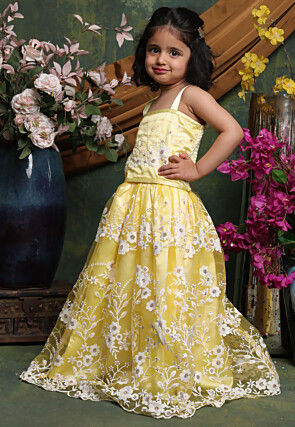 Embroidered Net Lehenga in Yellow