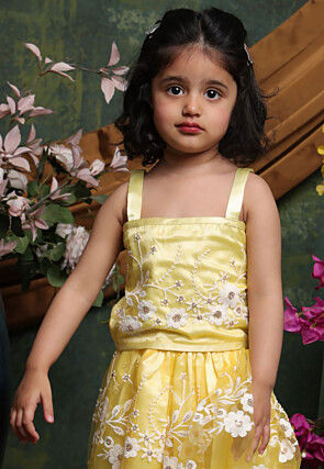 Embroidered Net Lehenga in Yellow