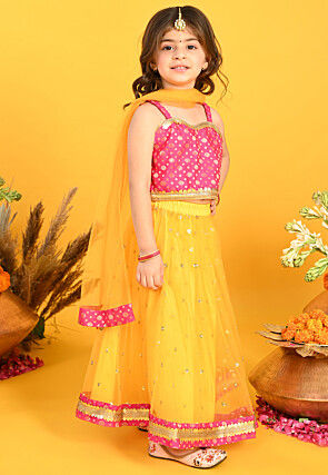 Embroidered Net Lehenga in Yellow