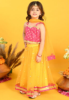 Embroidered Net Lehenga in Yellow