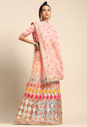 Embroidered Net Lehenga Style Saree in Light Pink