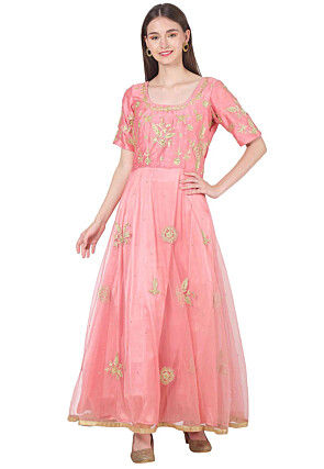 Embroidered Net Long Kurta in Pink