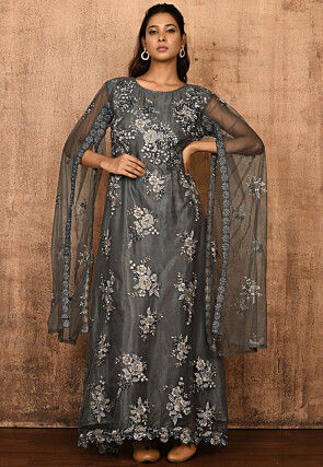 Embroidered Net Maxi Dress Set in Grey