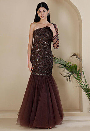 Embroidered Net Mermaid Cut Gown in Brown