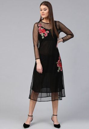 Embroidered Net Midi Dress in Black