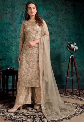 Embroidered Net Pakistani Suit in Beige