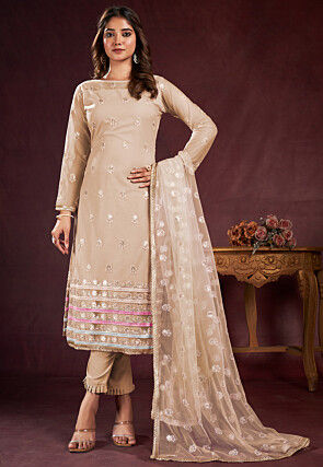 Embroidered Net Pakistani Suit in Beige