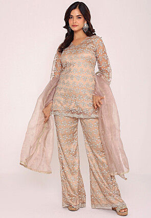 Embroidered Net Pakistani Suit in Beige
