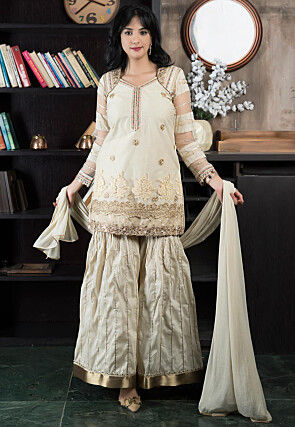 Embroidered Net Pakistani Suit in Beige