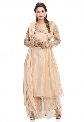 Embroidered Net Pakistani Suit in Beige