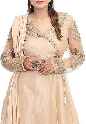 Embroidered Net Pakistani Suit in Beige