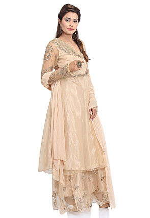 Embroidered Net Pakistani Suit in Beige