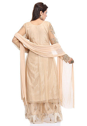 Embroidered Net Pakistani Suit in Beige
