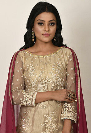 Embroidered Net Pakistani Suit in Beige