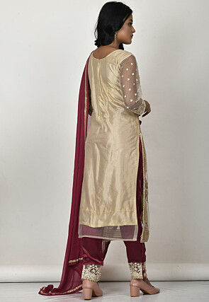 Embroidered Net Pakistani Suit in Beige