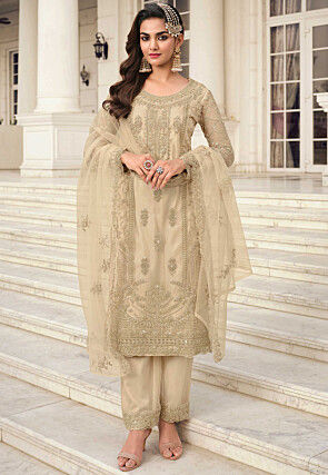 Embroidered Net Pakistani Suit in Beige