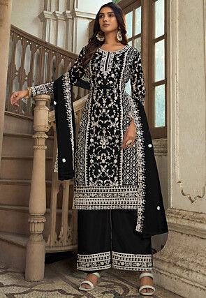 Embroidered Net Pakistani Suit in Black