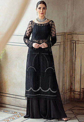 Buy Black Net Embroidered Straight Pant Suit Party Wear Online at