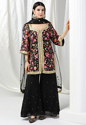Embroidered Net Pakistani Suit in Black