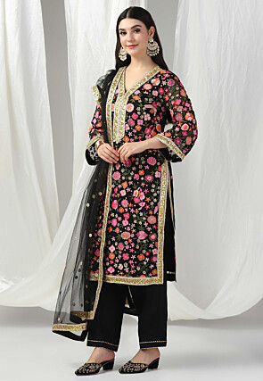 Embroidered Net Pakistani Suit in Black
