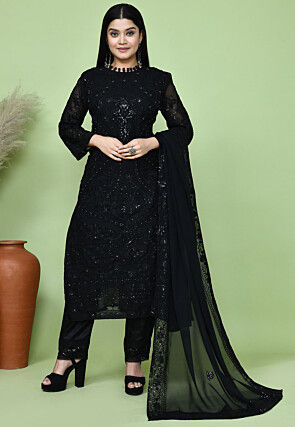 Embroidered Net Pakistani Suit in Black