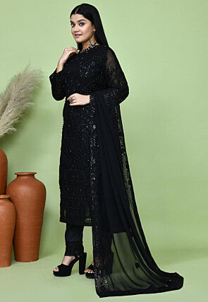 Embroidered Net Pakistani Suit in Black