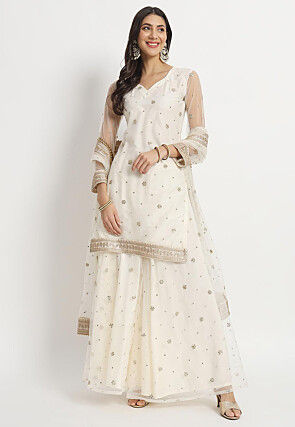 Embroidered Net Pakistani Suit in Cream