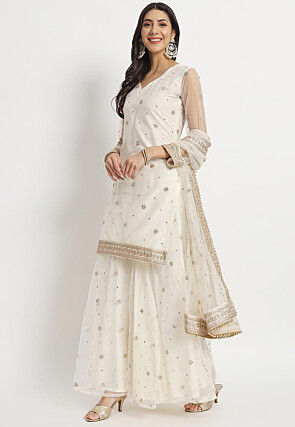 Embroidered Net Pakistani Suit in Cream