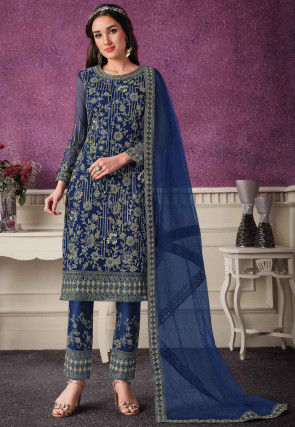 Embroidered Net Pakistani Suit in Dark Blue