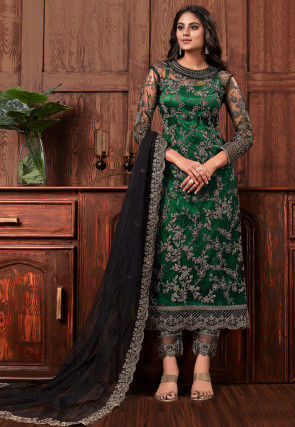Embroidered Net Pakistani Suit in Dark Green