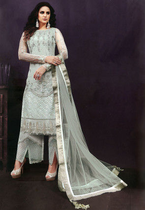 Embroidered Net Pakistani Suit in Dusty Green