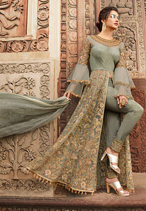 Embroidered Net Pakistani Suit in Dusty Green