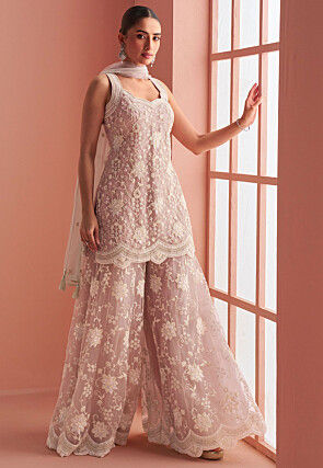 Embroidered Net Pakistani Suit in Dusty Peach