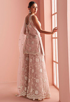 Embroidered Net Pakistani Suit in Dusty Peach