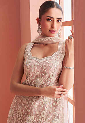 Embroidered Net Pakistani Suit in Dusty Peach