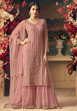 Embroidered Net Pakistani Suit in Dusty Pink