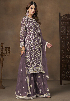 Embroidered Net Pakistani Suit in Dusty Purple