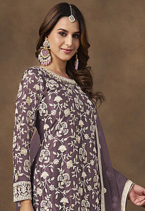 Embroidered Net Pakistani Suit in Dusty Purple