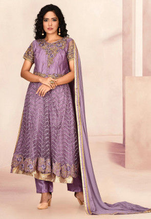 Embroidered Net Pakistani Suit in Dusty Purple