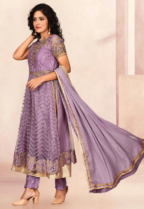 Embroidered Net Pakistani Suit in Dusty Purple