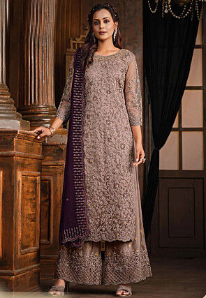 Embroidered Net Pakistani Suit in Fawn