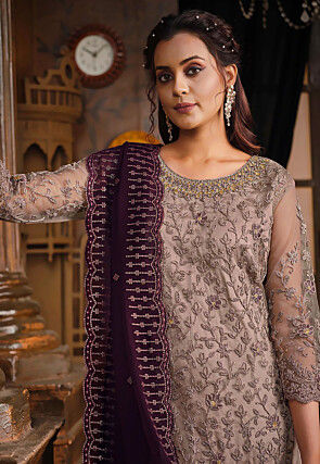Embroidered Net Pakistani Suit in Fawn